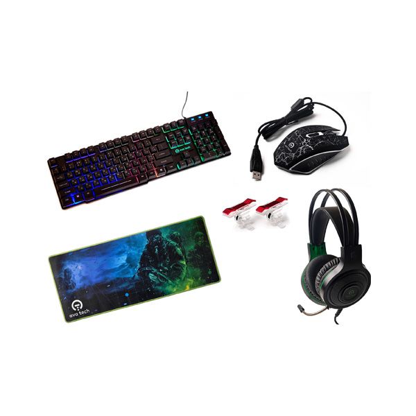 Комплект AvaTech Gaming combo 5 in 1,  клавіатура (підсвітлення), миша, килимок, гарнітура, кріплення для дроту, чорний колір. в Україні