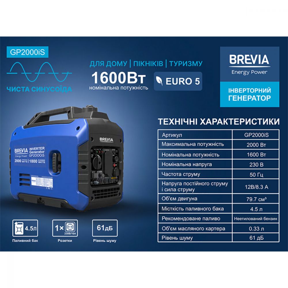 Генератор Brevia инверторный бензиновый 2,0кВт (ном 1,6кВт) GP2000iS в Україні
