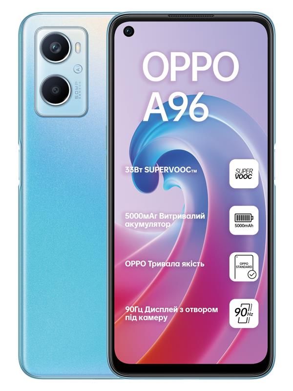 Смартфон Oppo A96 6/128GB Dual Sim Sunset Blue; 6.59" (2412x1080) IPS / Qualcomm Snapdragon 680 / ОЗУ 6 ГБ / 128 ГБ встроенной + microSD до 256 ГБ / камера 50+2+2 Мп + 16 Мп / 4G (LTE) / Bluetooth, Wi-Fi, NFC / GPS, A-GPS, GLONASS, Beidou, Galileo, QZSS / ОС Android 11.0 / 164.4x75.7x8.4 мм, 191 г / 5000 мАч / голубой в Україні