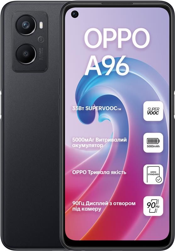 Смартфон Oppo A96 6/128GB Dual Sim Starry Black; 6.59" (2412x1080) IPS / Qualcomm Snapdragon 680 / ОЗУ 6 ГБ / 128 ГБ встроенной + microSD до 256 ГБ / камера 50+2+2 Мп + 16 Мп / 4G (LTE) / Bluetooth, Wi-Fi, NFC / GPS, A-GPS, GLONASS, Beidou, Galileo, QZSS / ОС Android 11.0 / 164.4x75.7x8.4 мм, 191 г / 5000 мАч / черный в Україні